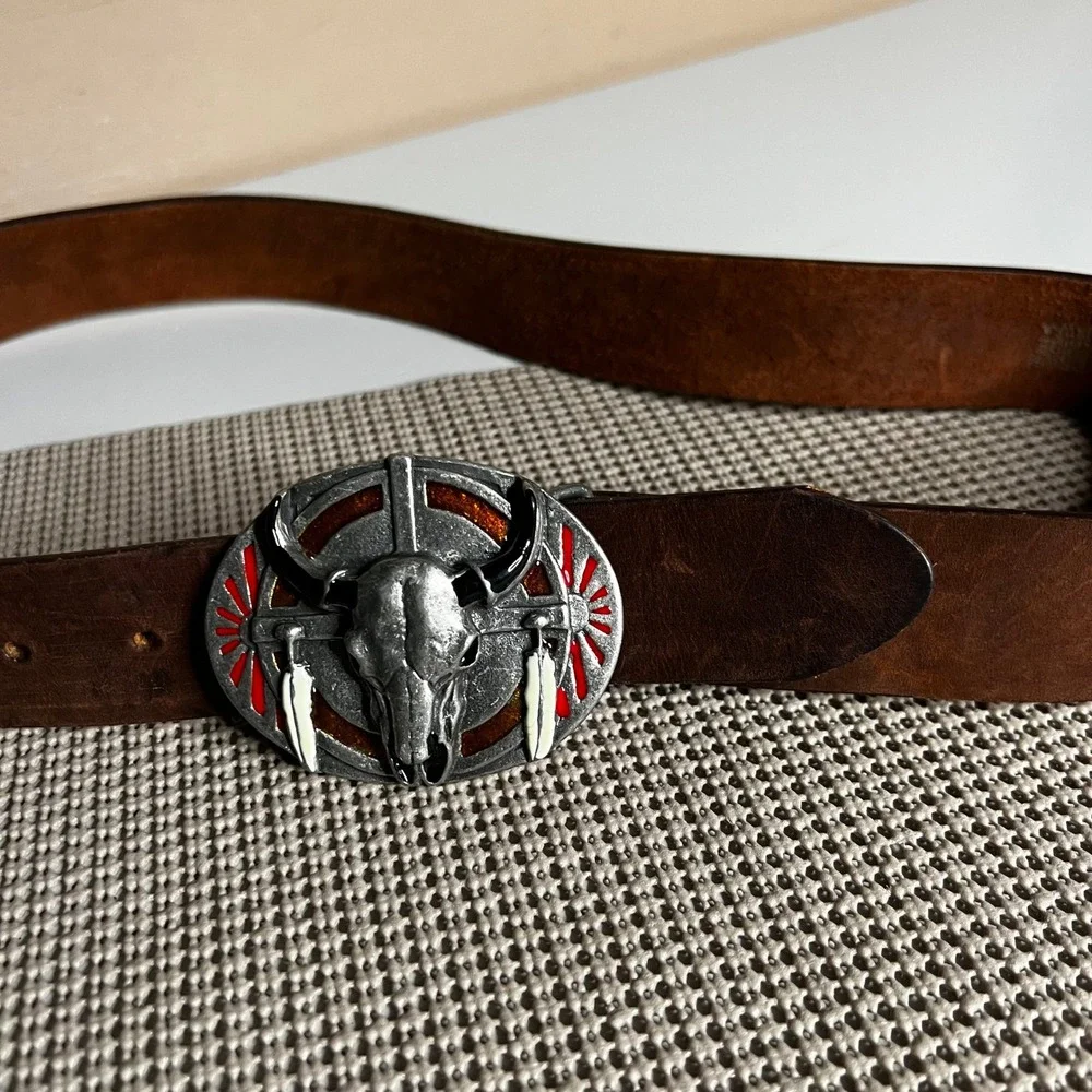 Justin Mens Brown Leather Western Belt Steer Skull Trophy Buckle USA Made 36